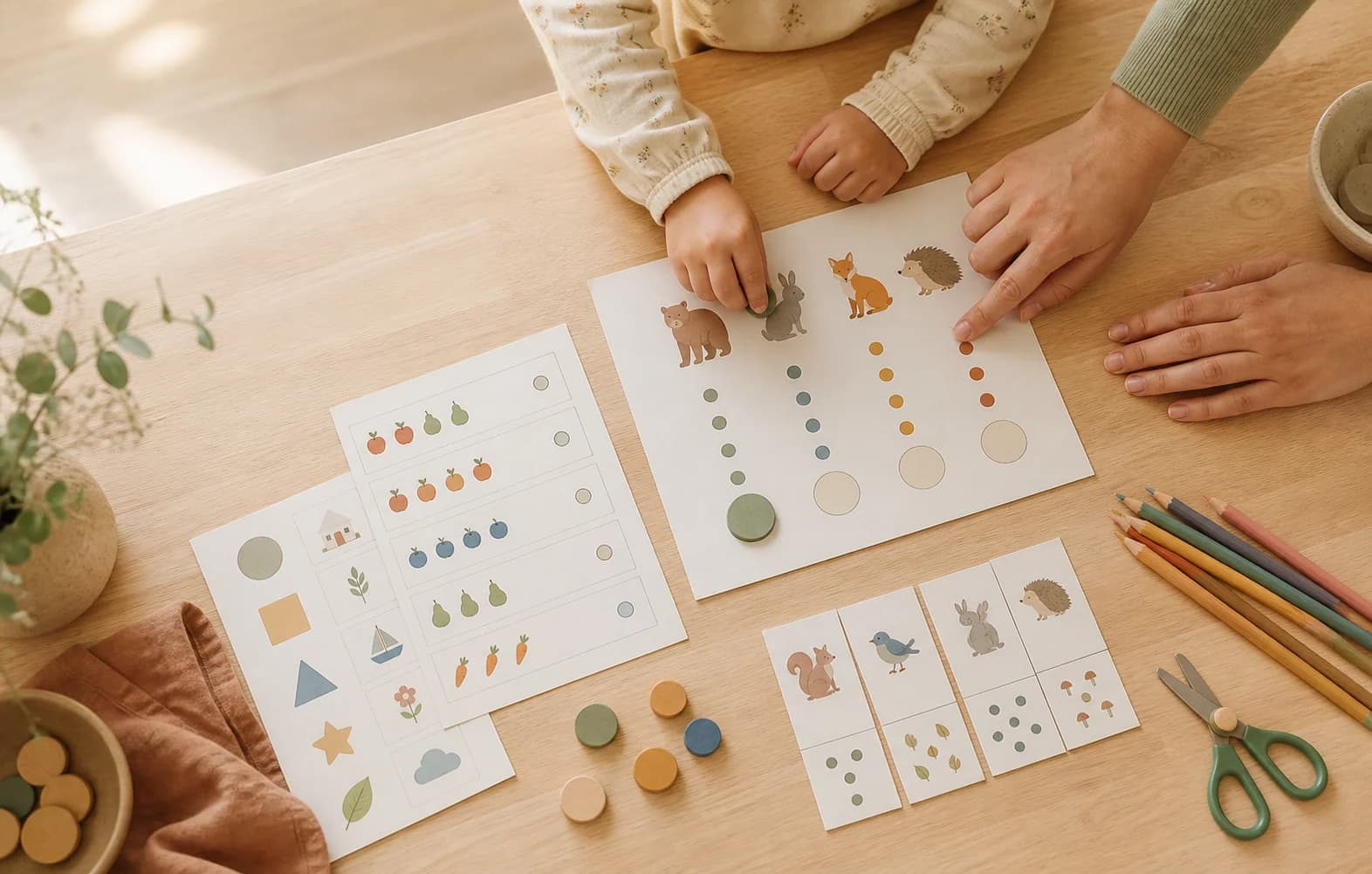 A parent and child learning together with printable matching and counting activities