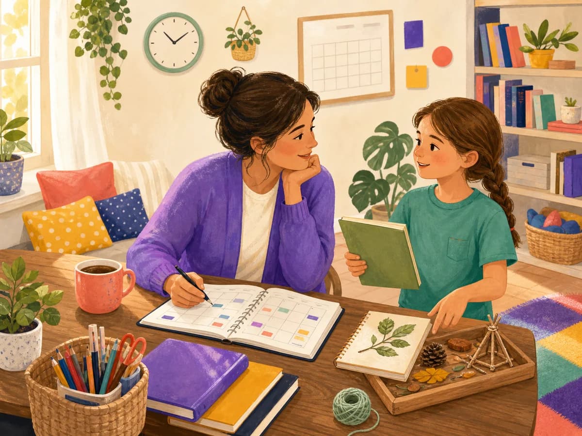 A parent and child calmly planning a flexible homeschool week together