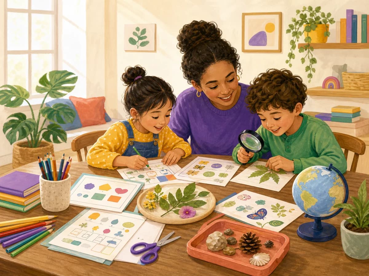 A parent and two children enjoying hands-on printable nature activities together