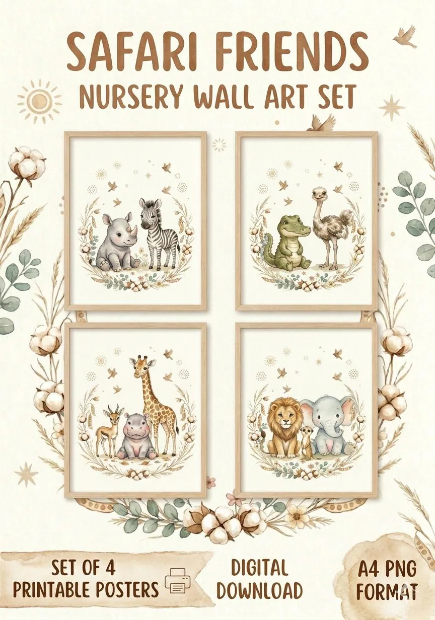 Set of 4 Printable Posters Safari Friends
