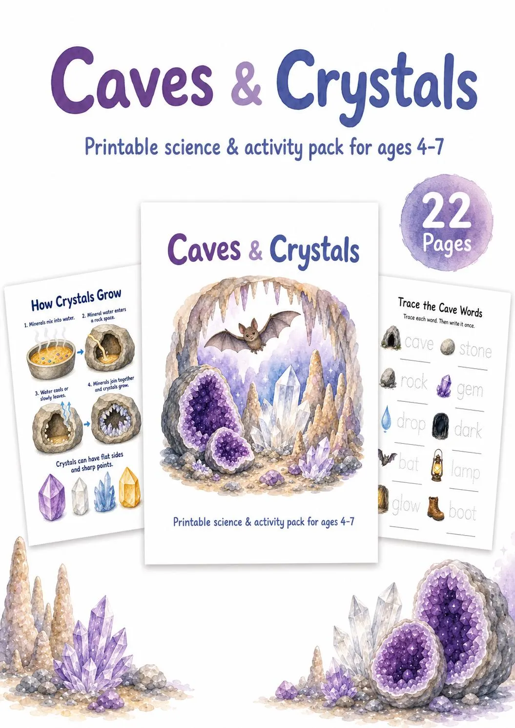 Caves & Crystals Activity Pack for Kids Ages 4-7