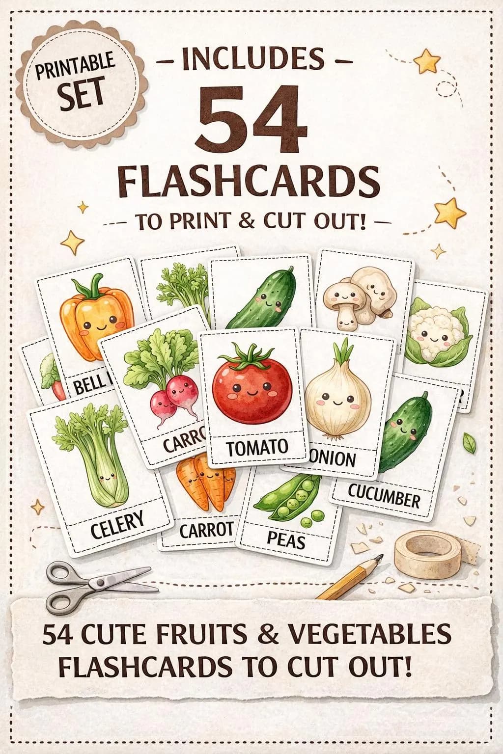 Happy fruits and vegetables! Printable flashcards