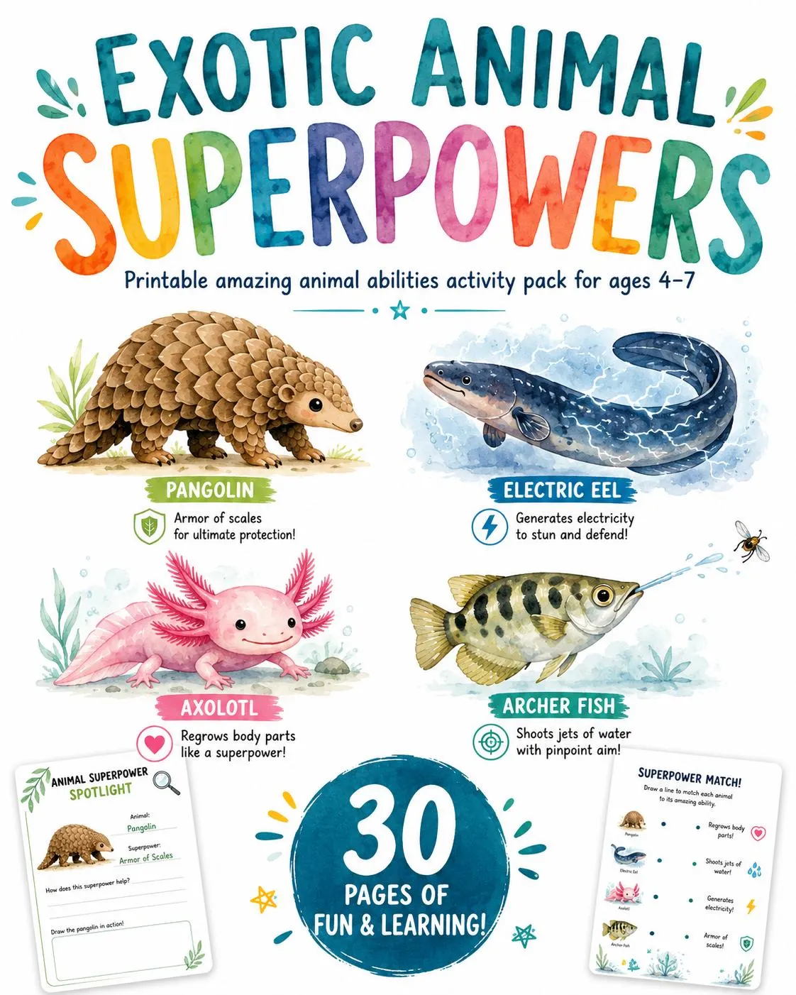 Exotic Animal Superpowers Activity Pack for Kids Ages 4-7