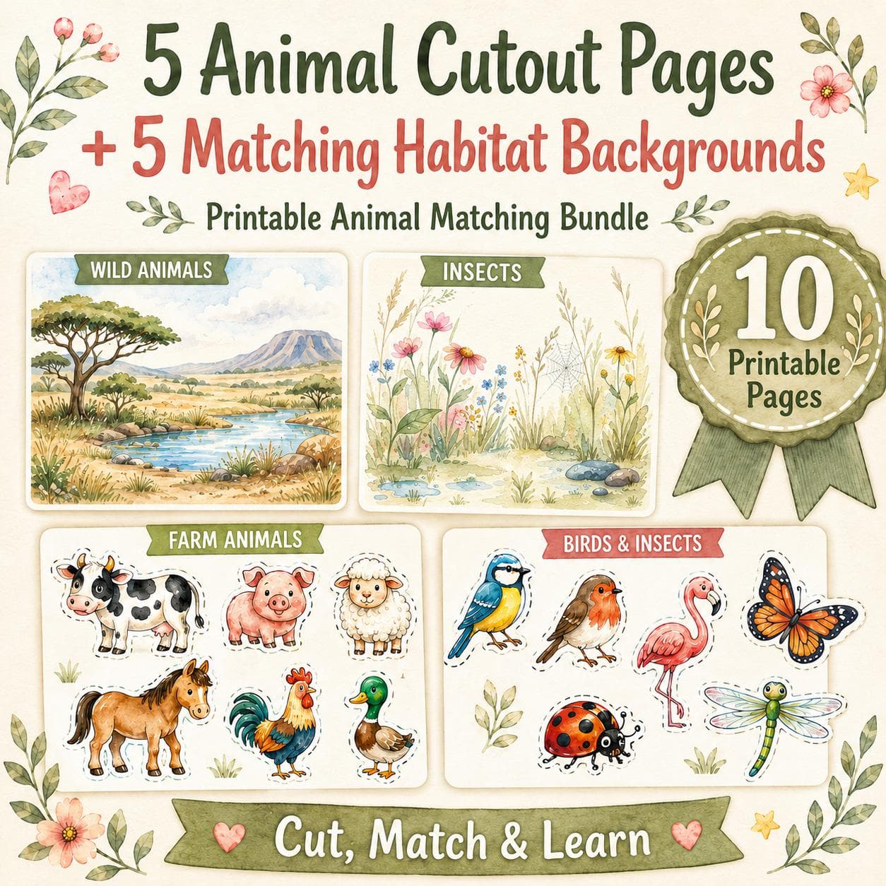 Watercolor Animal Matching Game Printable