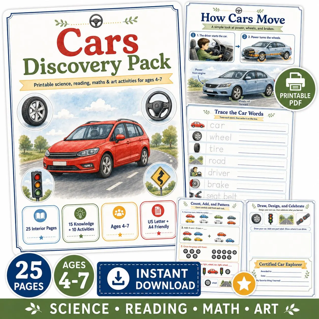 Cars Discovery Pack Printable Activities for Kids Ages 4-7 (PDF)