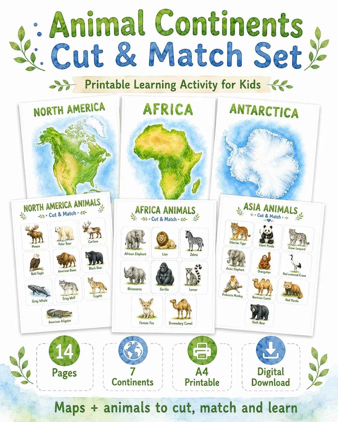 Animal Continents Cut and Match Printable Activity