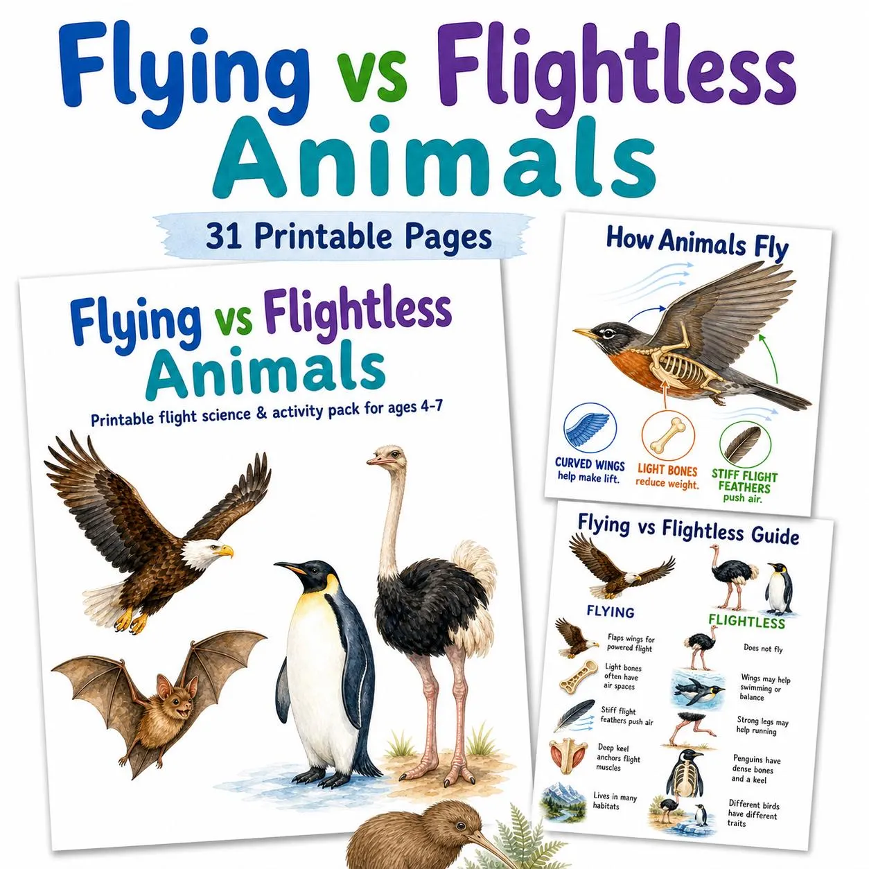 Flying vs Flightless Animals Activity Pack for Kids Ages 4-7