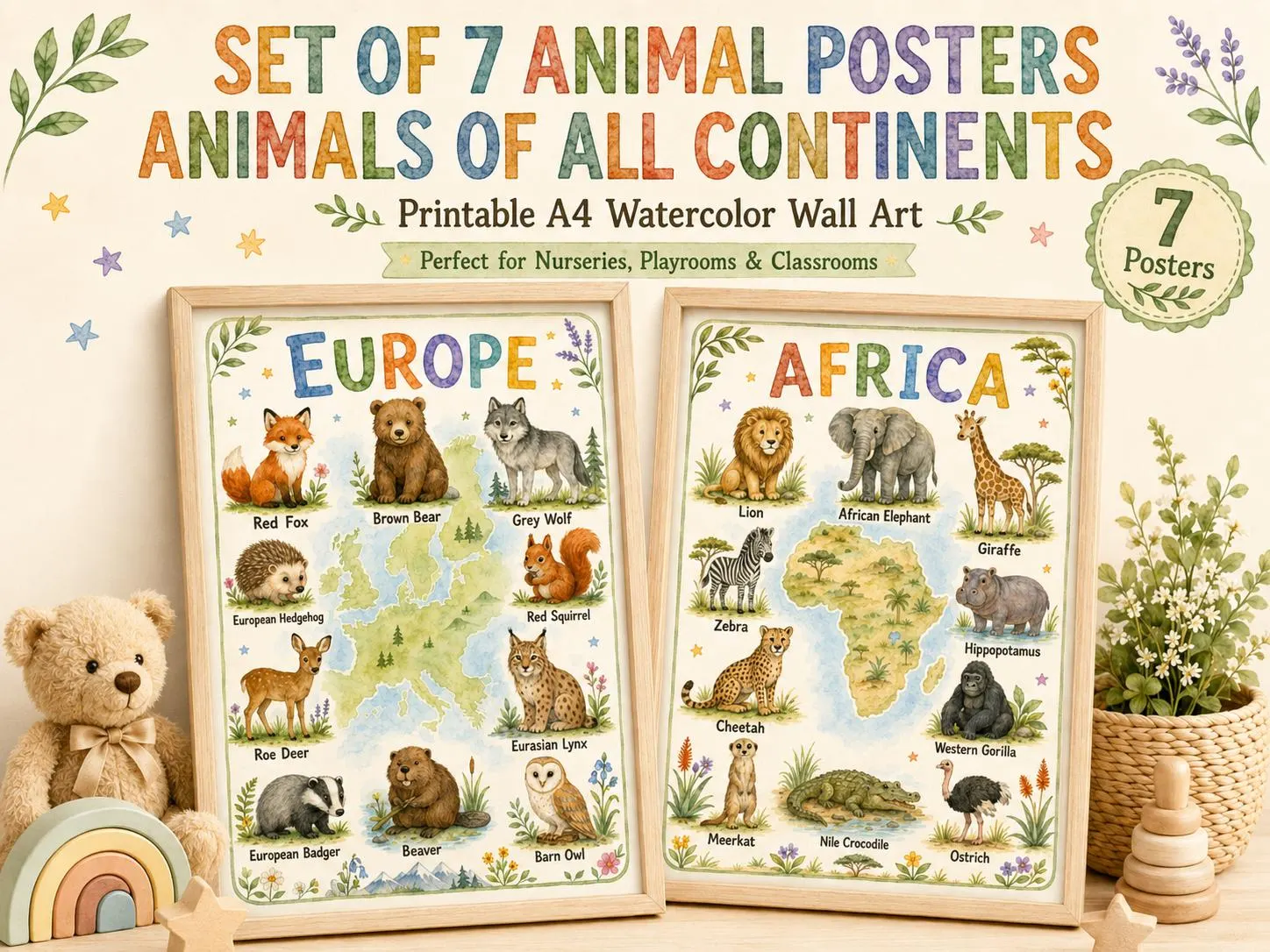 Set of 7 Watercolor Animal Continent Posters