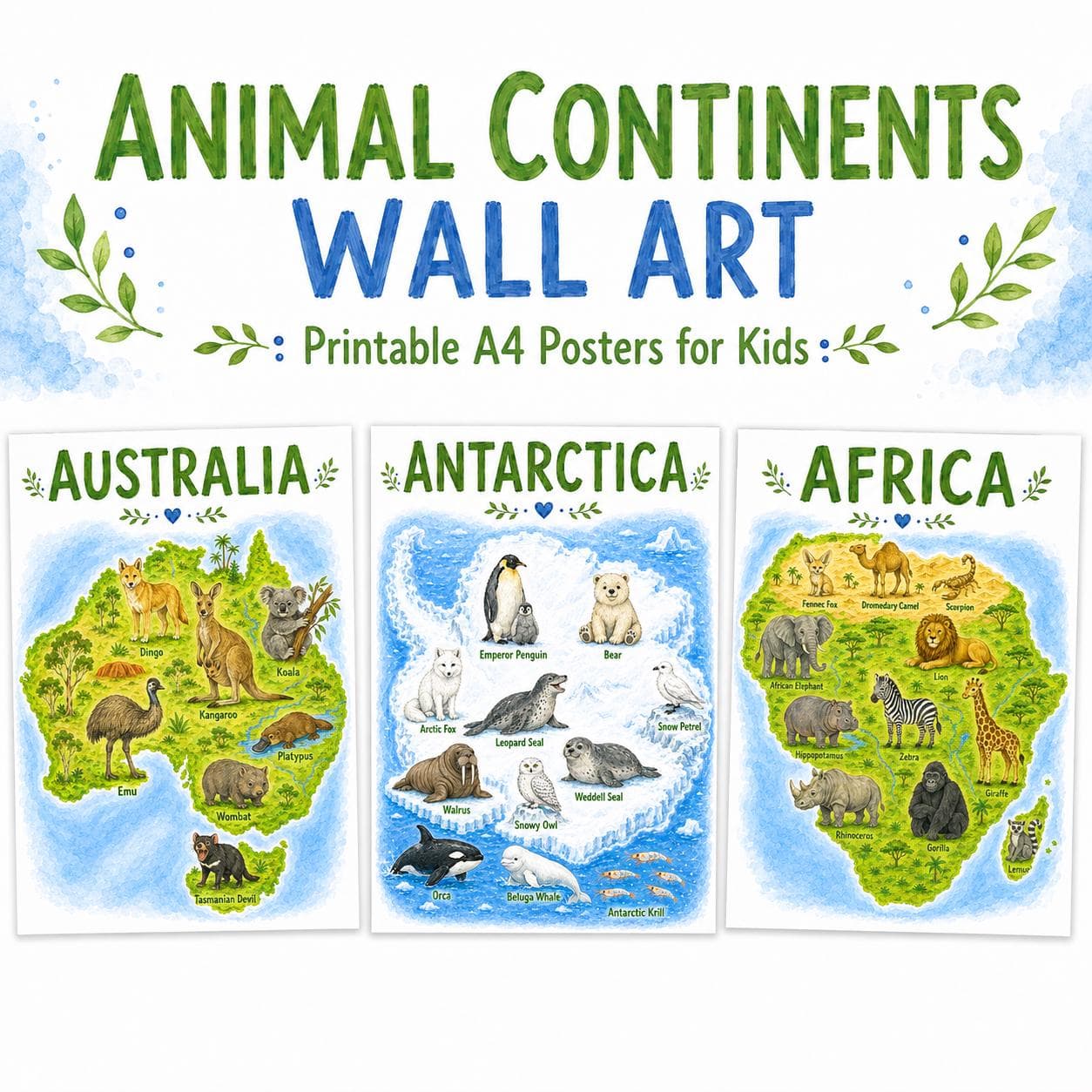 Printable Animal Continent Posters for Kids